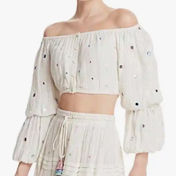 Rococo Sand Embellished Plissé Cropped Top Off White Size XS - Picture 2 of 13